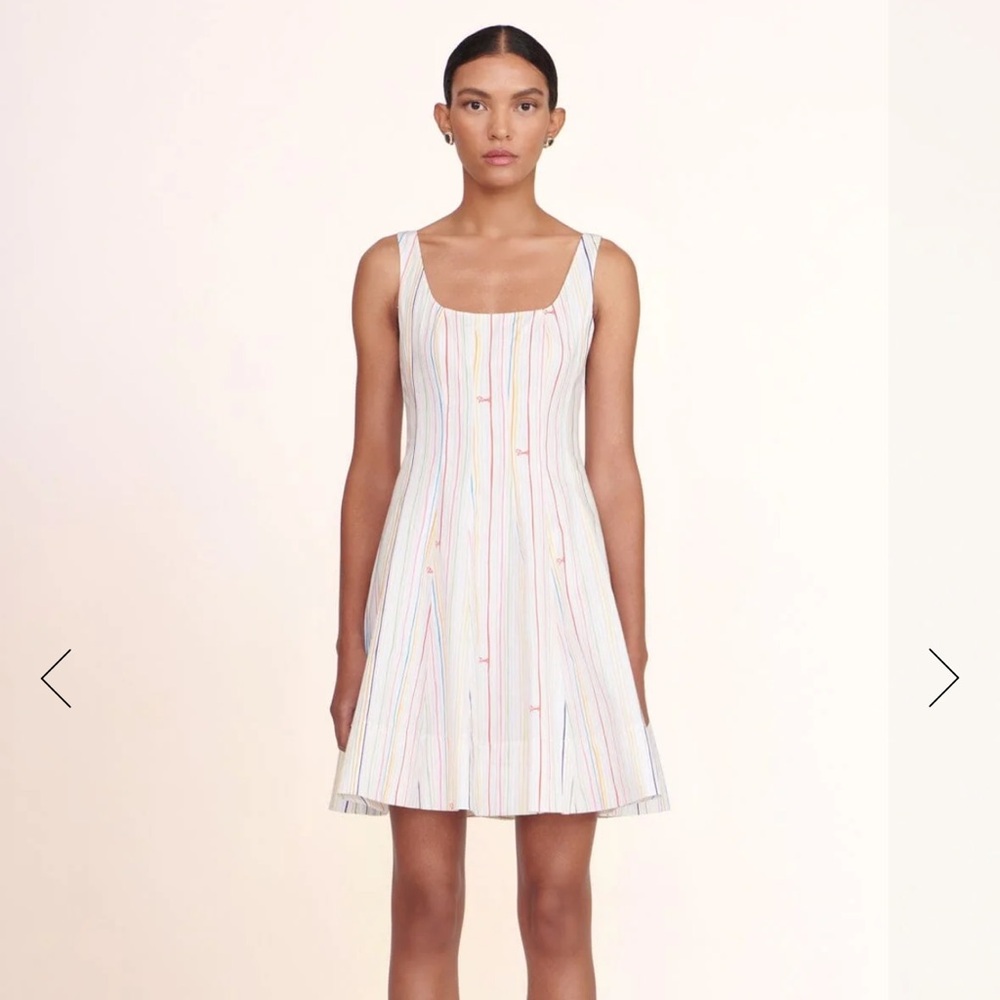 STAUD Mini Wells Dress in Rainbow Stripe with Logo detail - Size 6